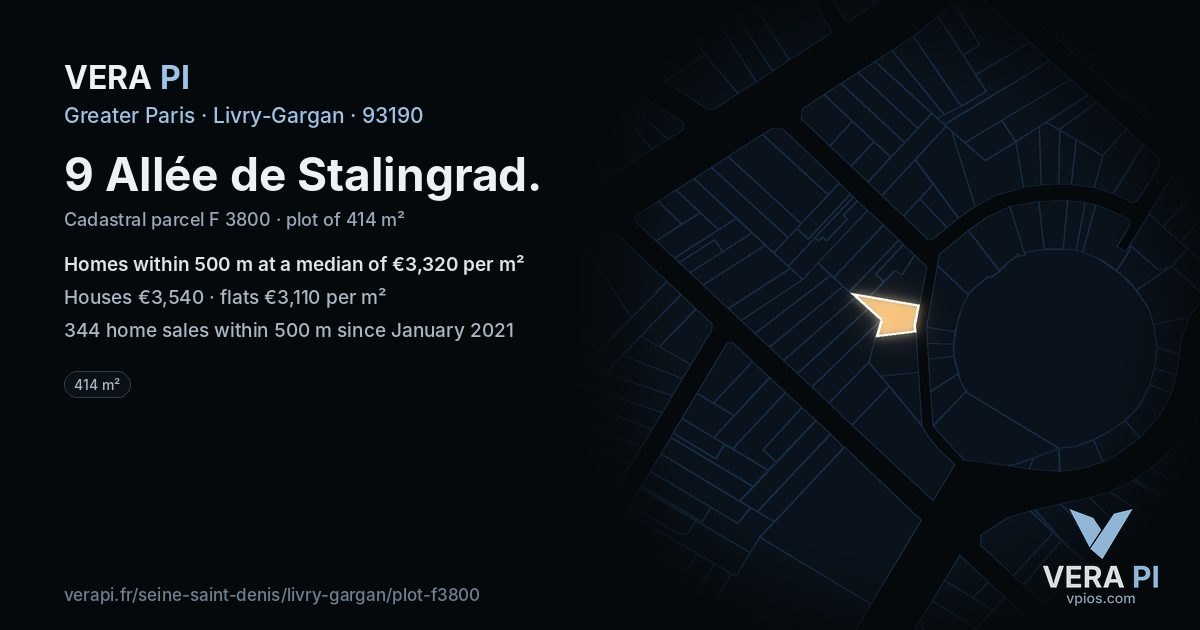 9 Allée de Stalingrad, Livry-Gargan at night – the plot lit, the parcels around coloured by the prices near them