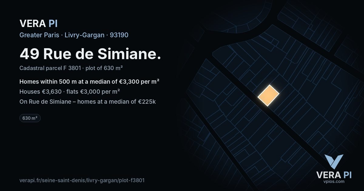 49 Rue de Simiane, Livry-Gargan at night – the plot lit, the parcels around coloured by the prices near them