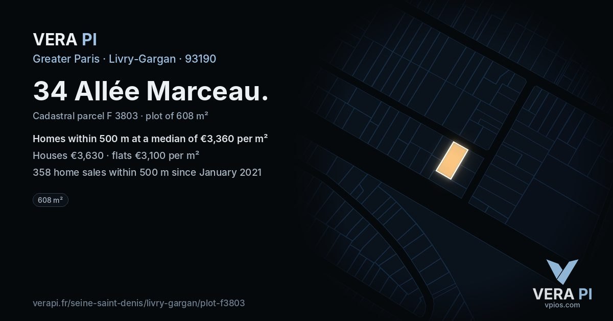 34 Allée Marceau, Livry-Gargan at night – the plot lit, the parcels around coloured by the prices near them