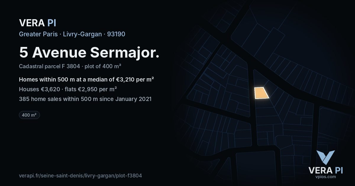 5 Avenue Sermajor, Livry-Gargan at night – the plot lit, the parcels around coloured by the prices near them
