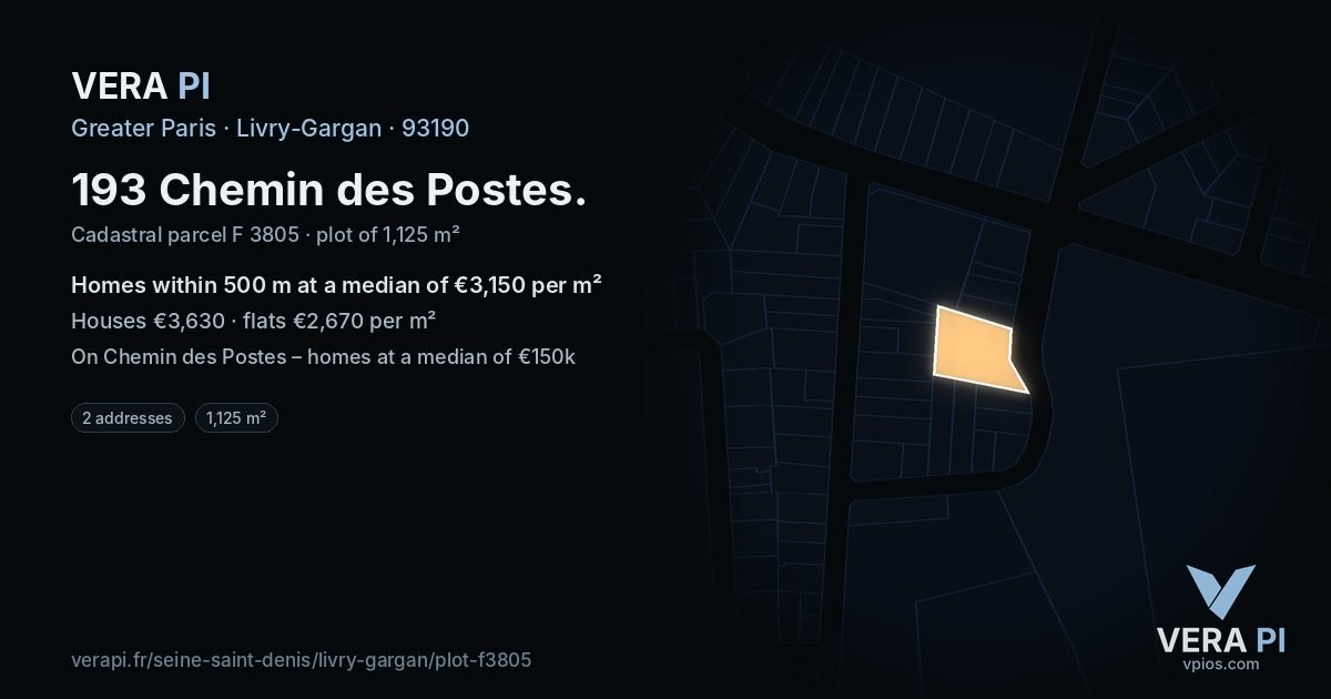 193 Chemin des Postes, Livry-Gargan at night – the plot lit, the parcels around coloured by the prices near them