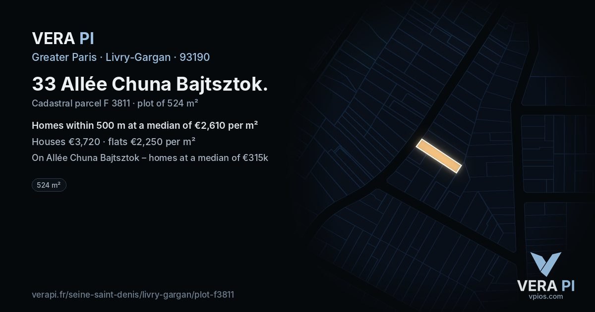 33 Allée Chuna Bajtsztok, Livry-Gargan at night – the plot lit, the parcels around coloured by the prices near them