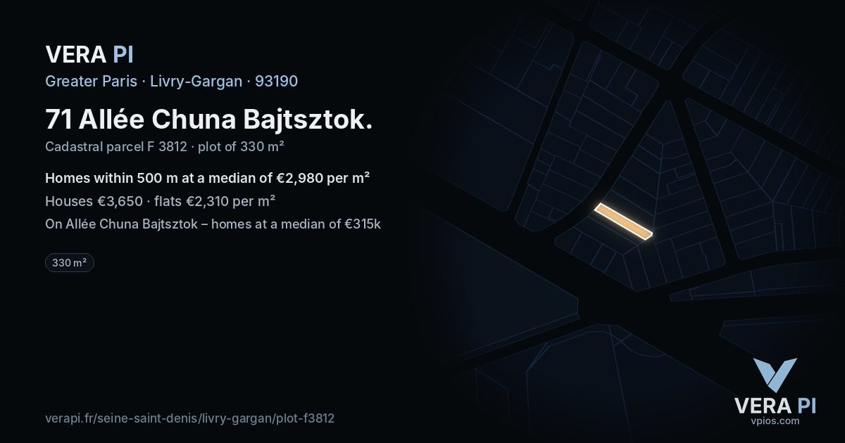 71 Allée Chuna Bajtsztok, Livry-Gargan at night – the plot lit, the parcels around coloured by the prices near them