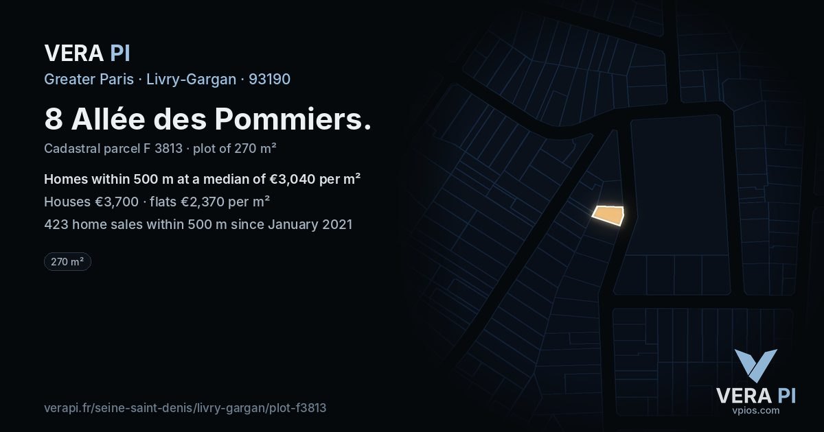 8 Allée des Pommiers, Livry-Gargan at night – the plot lit, the parcels around coloured by the prices near them
