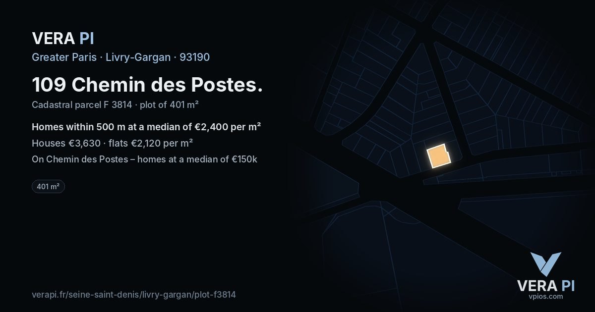 109 Chemin des Postes, Livry-Gargan at night – the plot lit, the parcels around coloured by the prices near them