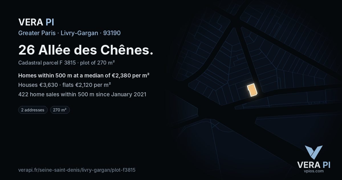 26 Allée des Chênes, Livry-Gargan at night – the plot lit, the parcels around coloured by the prices near them
