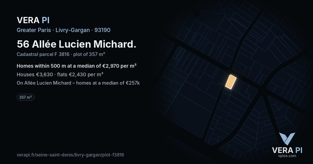 56 Allée Lucien Michard, Livry-Gargan at night – the plot lit, the parcels around coloured by the prices near them