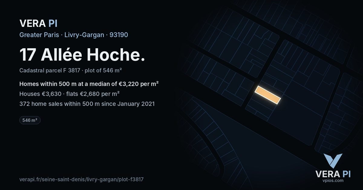 17 Allée Hoche, Livry-Gargan at night – the plot lit, the parcels around coloured by the prices near them