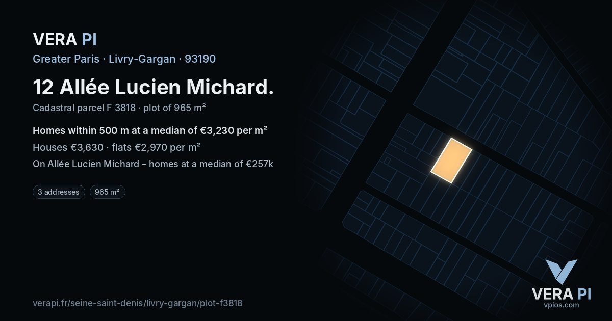 12 Allée Lucien Michard, Livry-Gargan at night – the plot lit, the parcels around coloured by the prices near them