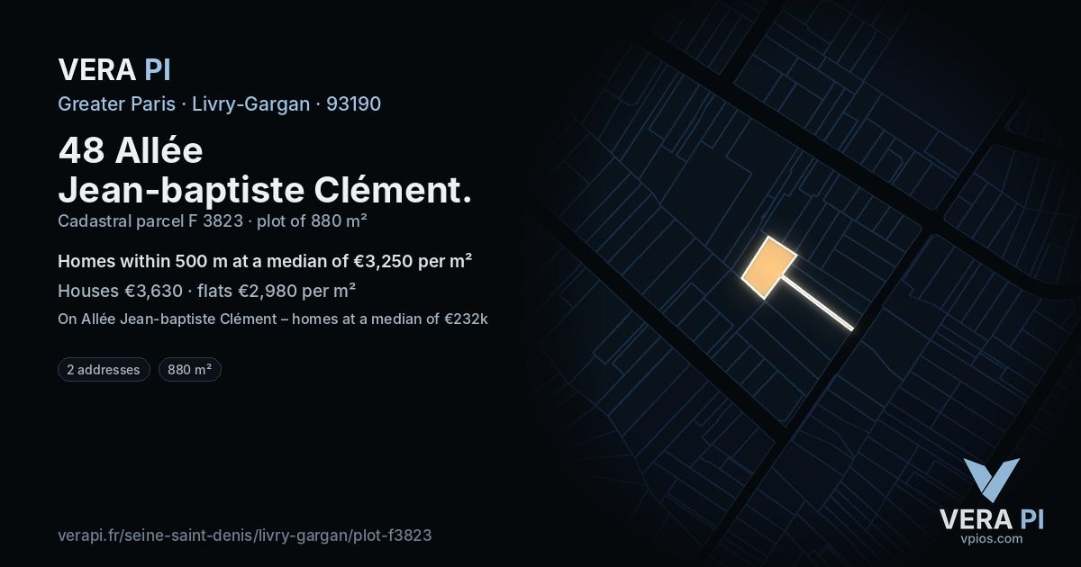 48 Allée Jean-baptiste Clément, Livry-Gargan at night – the plot lit, the parcels around coloured by the prices near them