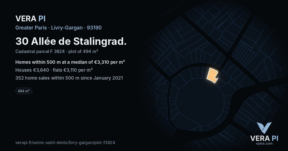 30 Allée de Stalingrad, Livry-Gargan at night – the plot lit, the parcels around coloured by the prices near them
