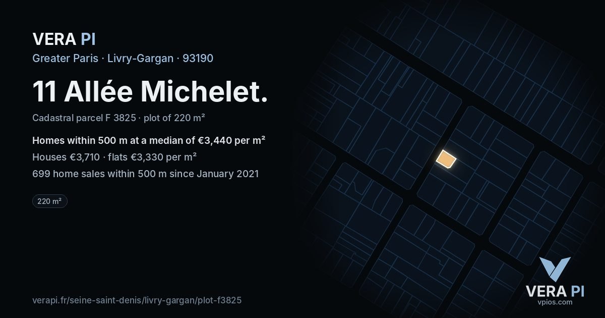 11 Allée Michelet, Livry-Gargan at night – the plot lit, the parcels around coloured by the prices near them