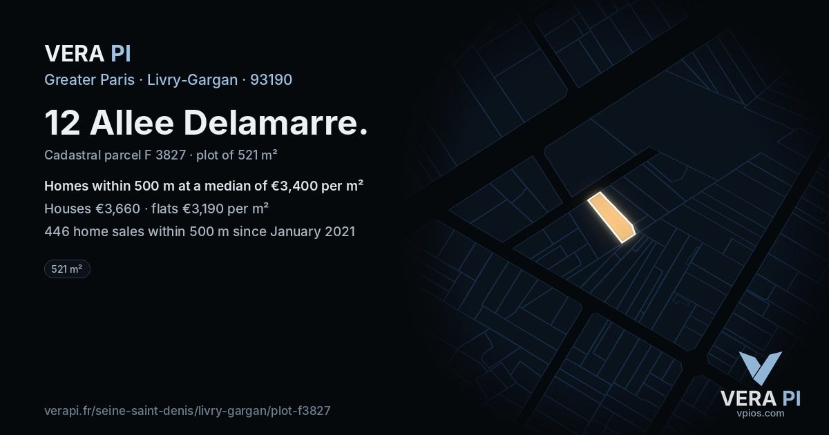 12 Allee Delamarre, Livry-Gargan at night – the plot lit, the parcels around coloured by the prices near them