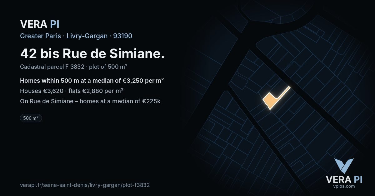 42 bis Rue de Simiane, Livry-Gargan at night – the plot lit, the parcels around coloured by the prices near them