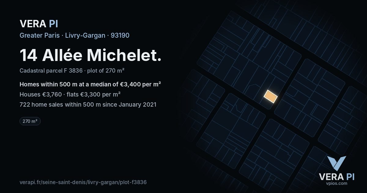 14 Allée Michelet, Livry-Gargan at night – the plot lit, the parcels around coloured by the prices near them