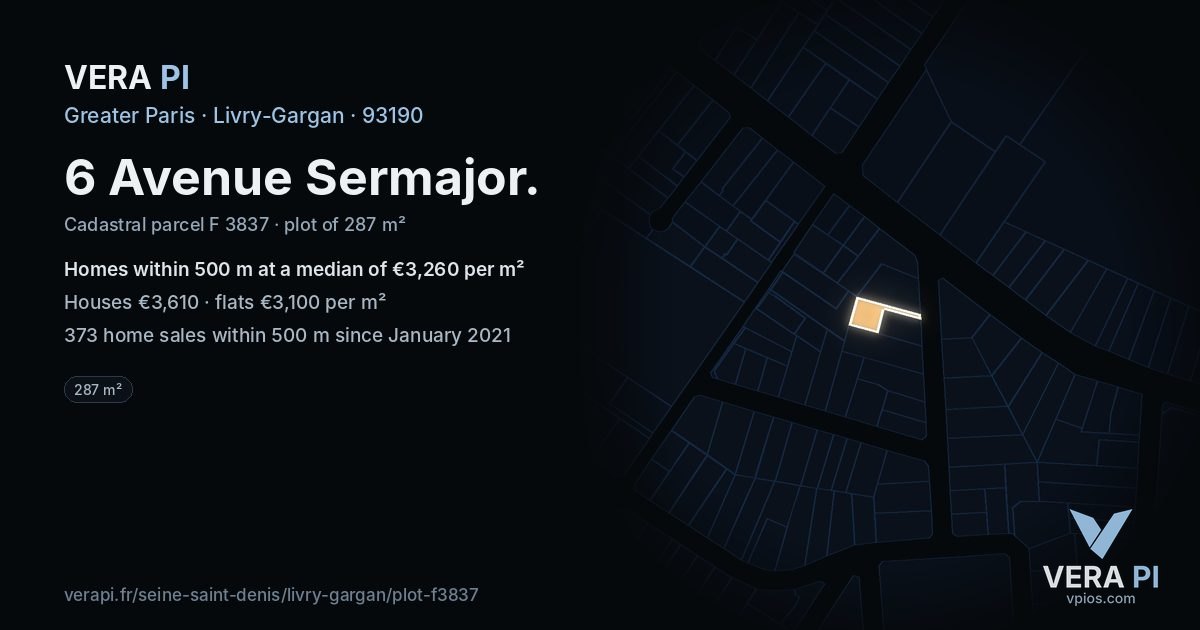 6 Avenue Sermajor, Livry-Gargan at night – the plot lit, the parcels around coloured by the prices near them