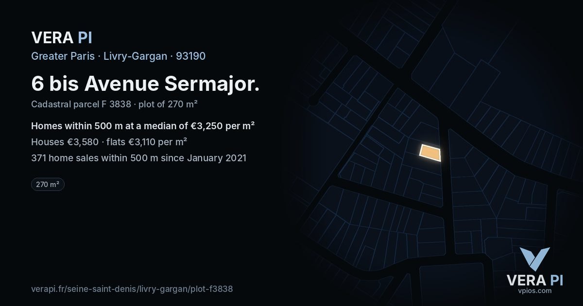 6 bis Avenue Sermajor, Livry-Gargan at night – the plot lit, the parcels around coloured by the prices near them