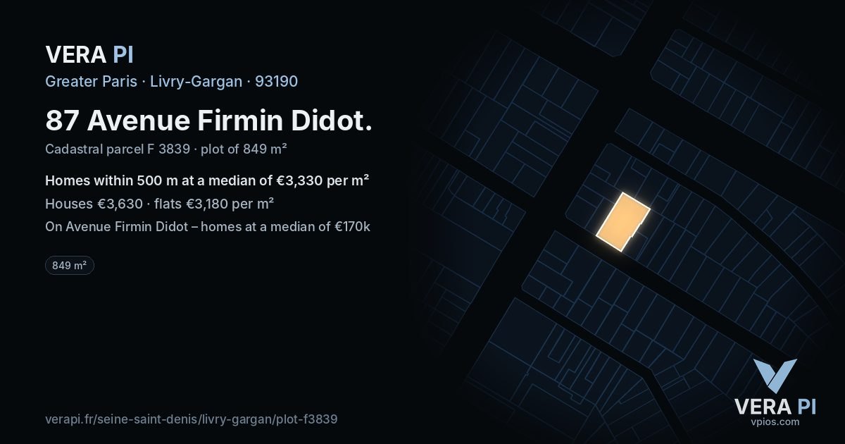 87 Avenue Firmin Didot, Livry-Gargan at night – the plot lit, the parcels around coloured by the prices near them