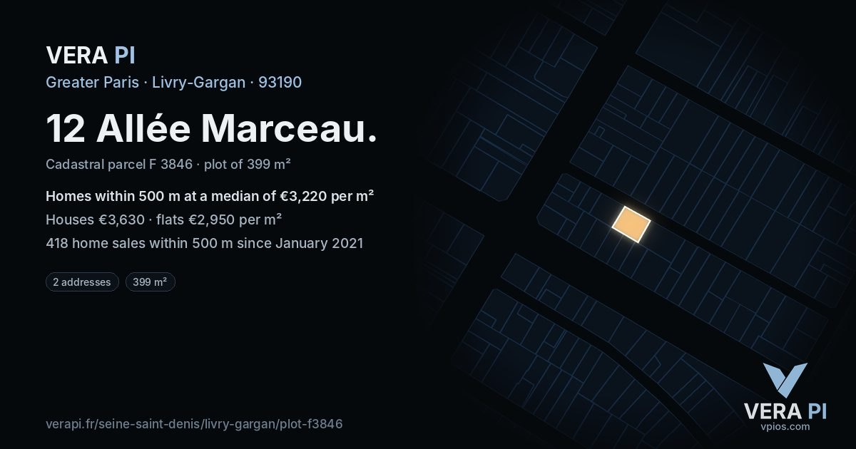 12 Allée Marceau, Livry-Gargan at night – the plot lit, the parcels around coloured by the prices near them