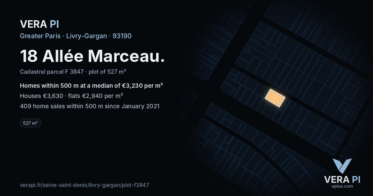 18 Allée Marceau, Livry-Gargan at night – the plot lit, the parcels around coloured by the prices near them