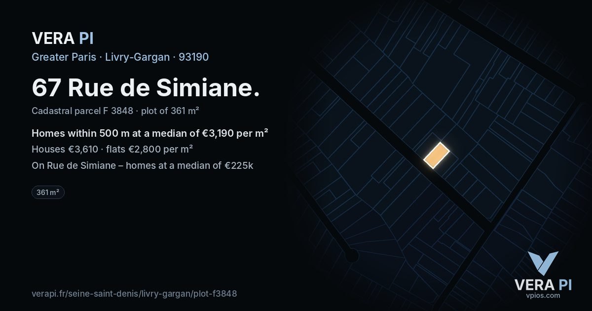 67 Rue de Simiane, Livry-Gargan at night – the plot lit, the parcels around coloured by the prices near them
