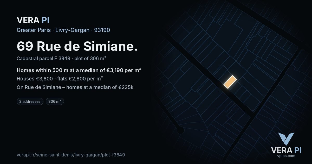 69 Rue de Simiane, Livry-Gargan at night – the plot lit, the parcels around coloured by the prices near them