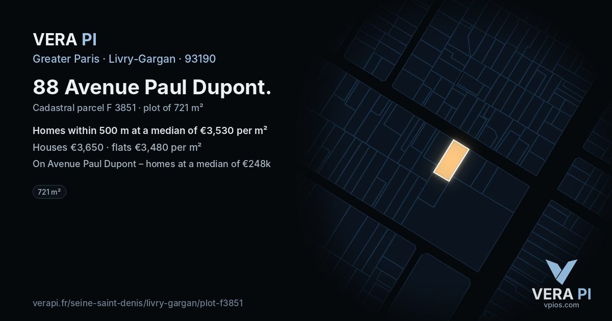88 Avenue Paul Dupont, Livry-Gargan at night – the plot lit, the parcels around coloured by the prices near them