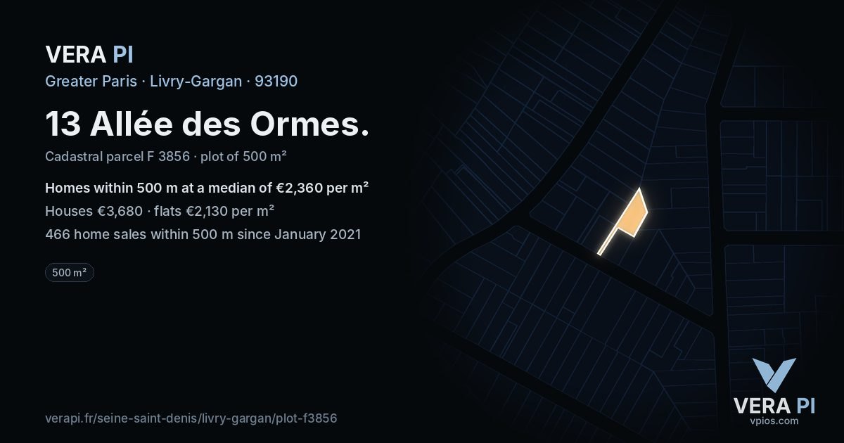 13 Allée des Ormes, Livry-Gargan at night – the plot lit, the parcels around coloured by the prices near them