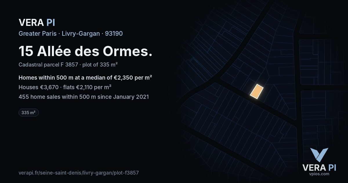 15 Allée des Ormes, Livry-Gargan at night – the plot lit, the parcels around coloured by the prices near them