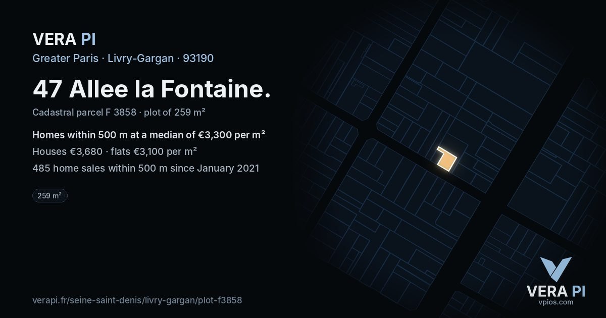 47 Allee la Fontaine, Livry-Gargan at night – the plot lit, the parcels around coloured by the prices near them
