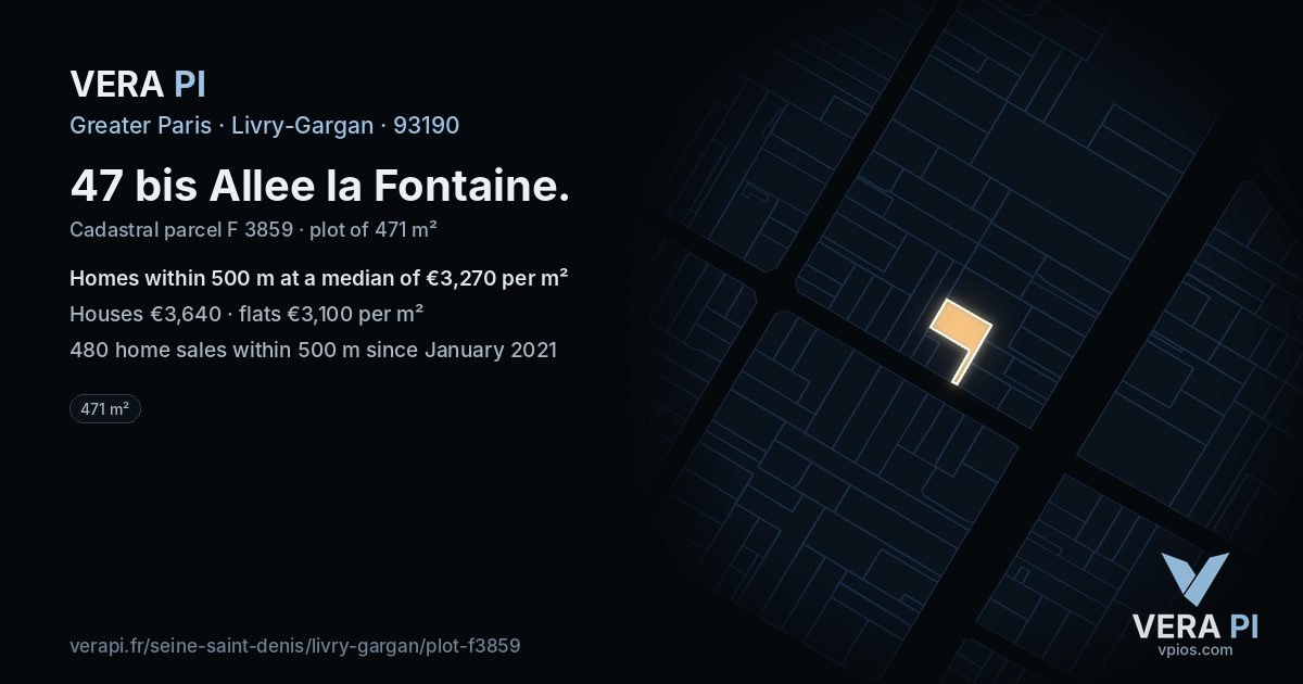 47 bis Allee la Fontaine, Livry-Gargan at night – the plot lit, the parcels around coloured by the prices near them