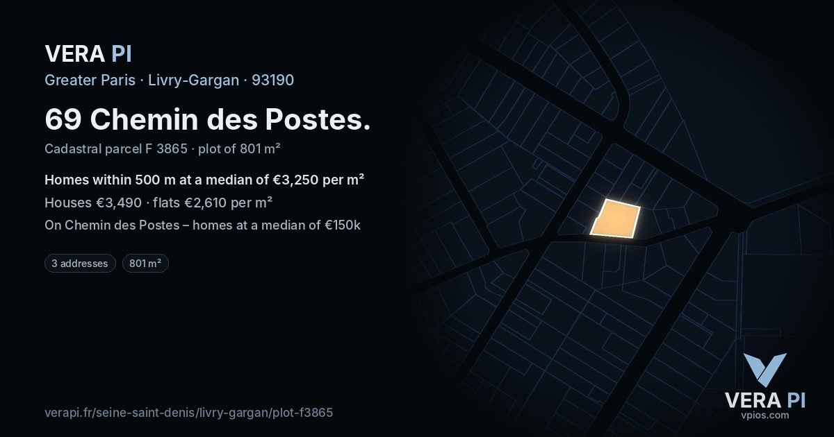 69 Chemin des Postes, Livry-Gargan at night – the plot lit, the parcels around coloured by the prices near them