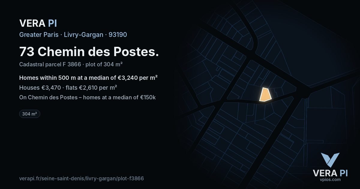 73 Chemin des Postes, Livry-Gargan at night – the plot lit, the parcels around coloured by the prices near them