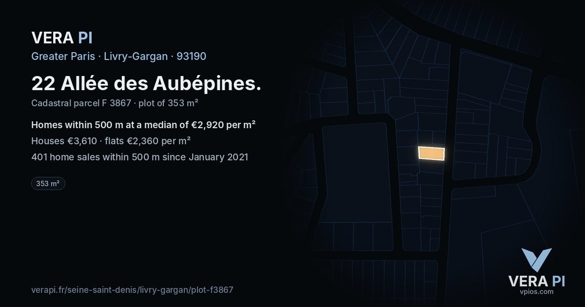22 Allée des Aubépines, Livry-Gargan at night – the plot lit, the parcels around coloured by the prices near them