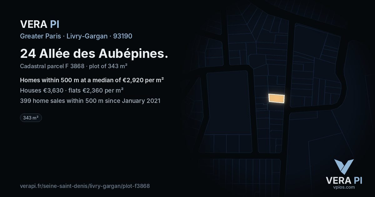 24 Allée des Aubépines, Livry-Gargan at night – the plot lit, the parcels around coloured by the prices near them