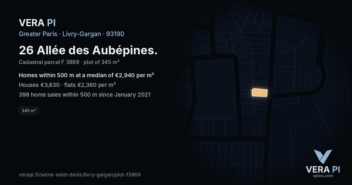 26 Allée des Aubépines, Livry-Gargan at night – the plot lit, the parcels around coloured by the prices near them