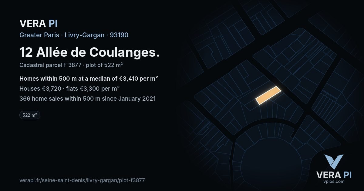 12 Allée de Coulanges, Livry-Gargan at night – the plot lit, the parcels around coloured by the prices near them