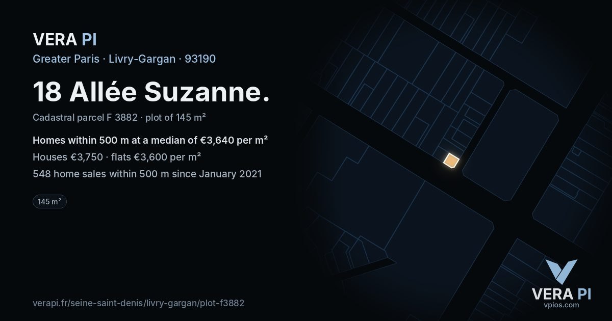 18 Allée Suzanne, Livry-Gargan at night – the plot lit, the parcels around coloured by the prices near them
