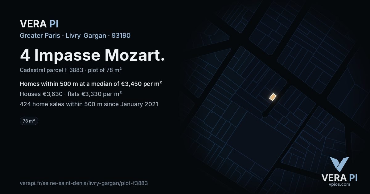 4 Impasse Mozart, Livry-Gargan at night – the plot lit, the parcels around coloured by the prices near them
