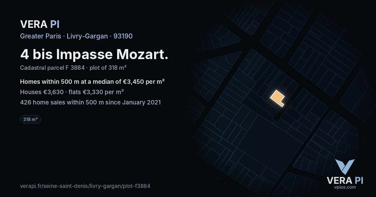4 bis Impasse Mozart, Livry-Gargan at night – the plot lit, the parcels around coloured by the prices near them