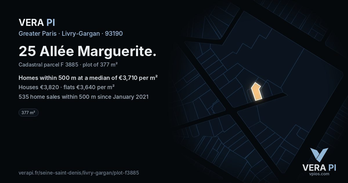 25 Allée Marguerite, Livry-Gargan at night – the plot lit, the parcels around coloured by the prices near them