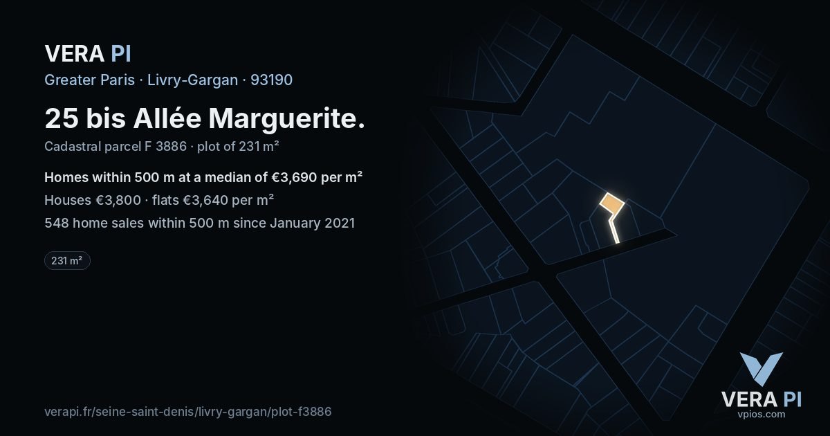 25 bis Allée Marguerite, Livry-Gargan at night – the plot lit, the parcels around coloured by the prices near them
