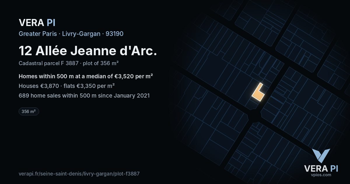 12 Allée Jeanne d'Arc, Livry-Gargan at night – the plot lit, the parcels around coloured by the prices near them