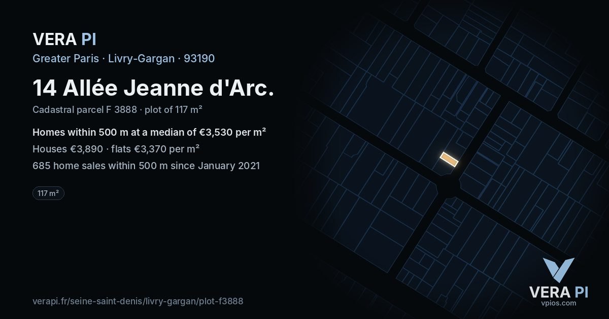 14 Allée Jeanne d'Arc, Livry-Gargan at night – the plot lit, the parcels around coloured by the prices near them