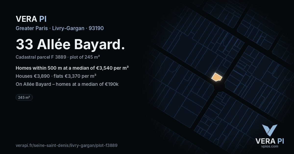 33 Allée Bayard, Livry-Gargan at night – the plot lit, the parcels around coloured by the prices near them