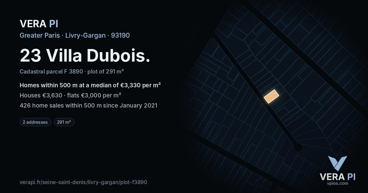 23 Villa Dubois, Livry-Gargan at night – the plot lit, the parcels around coloured by the prices near them