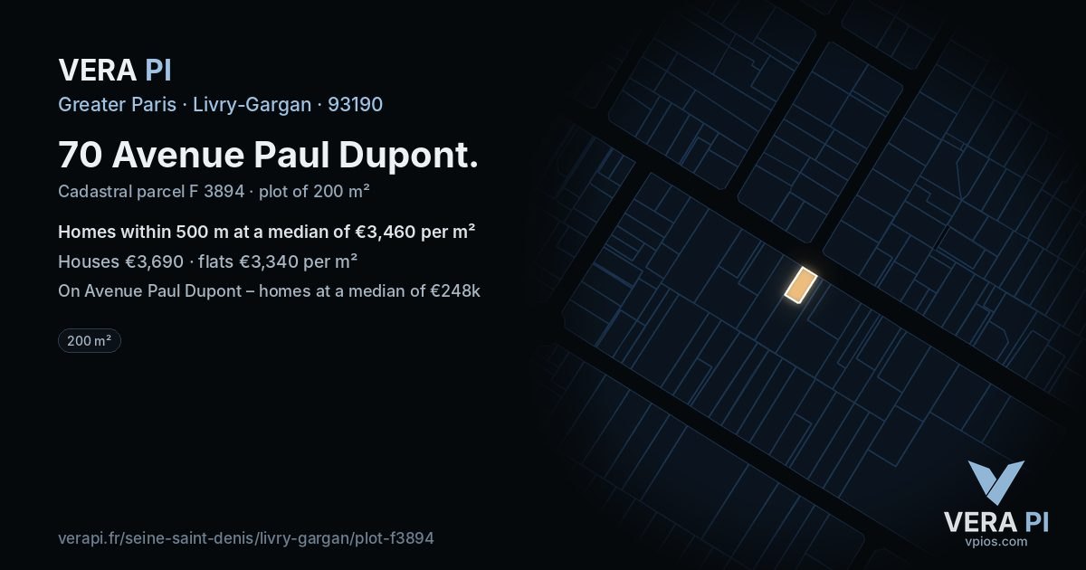 70 Avenue Paul Dupont, Livry-Gargan at night – the plot lit, the parcels around coloured by the prices near them