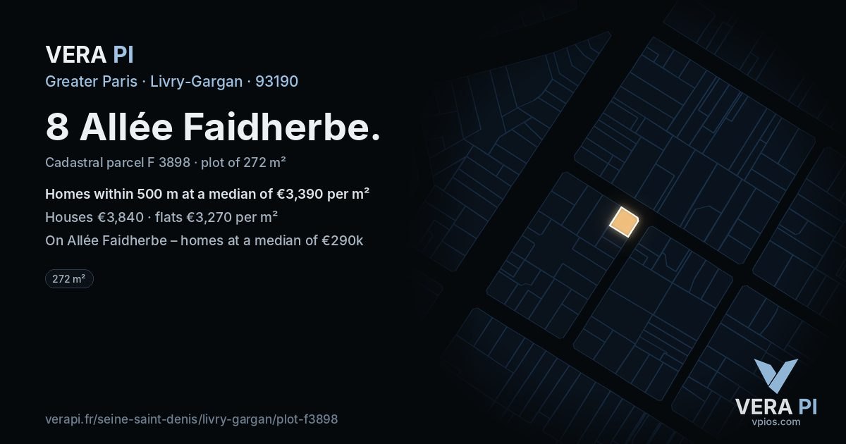 8 Allée Faidherbe, Livry-Gargan at night – the plot lit, the parcels around coloured by the prices near them