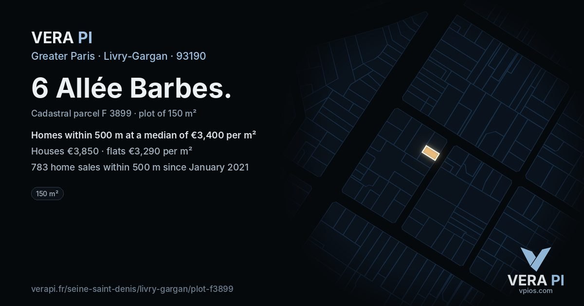 6 Allée Barbes, Livry-Gargan at night – the plot lit, the parcels around coloured by the prices near them