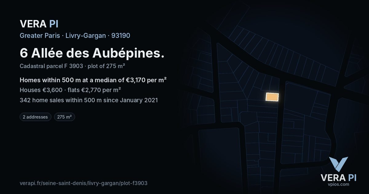 6 Allée des Aubépines, Livry-Gargan at night – the plot lit, the parcels around coloured by the prices near them